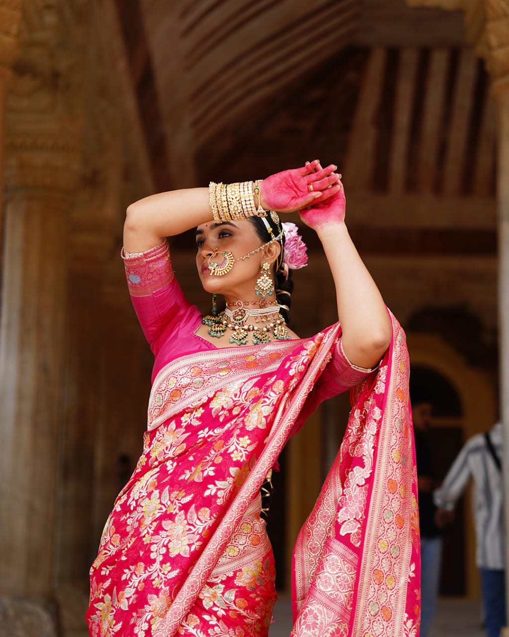 Rani Pink With Handbrush Pure Khaddi Georgette Silk Banarasi Saree