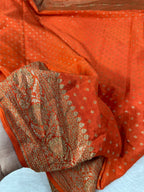 Rust Orange Pure Khaddi Crep Silk Banarasi Saree