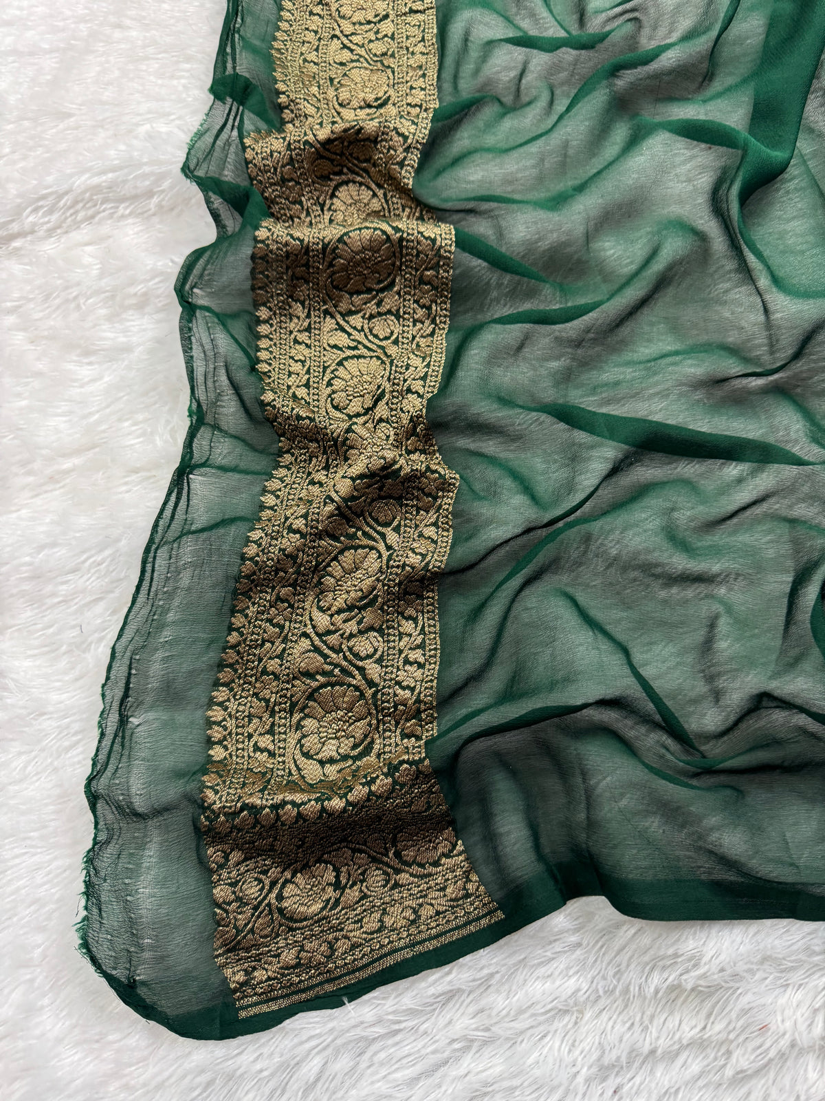 Bottle Green Pure Khaddi Georgette Silk Banarasi Saree