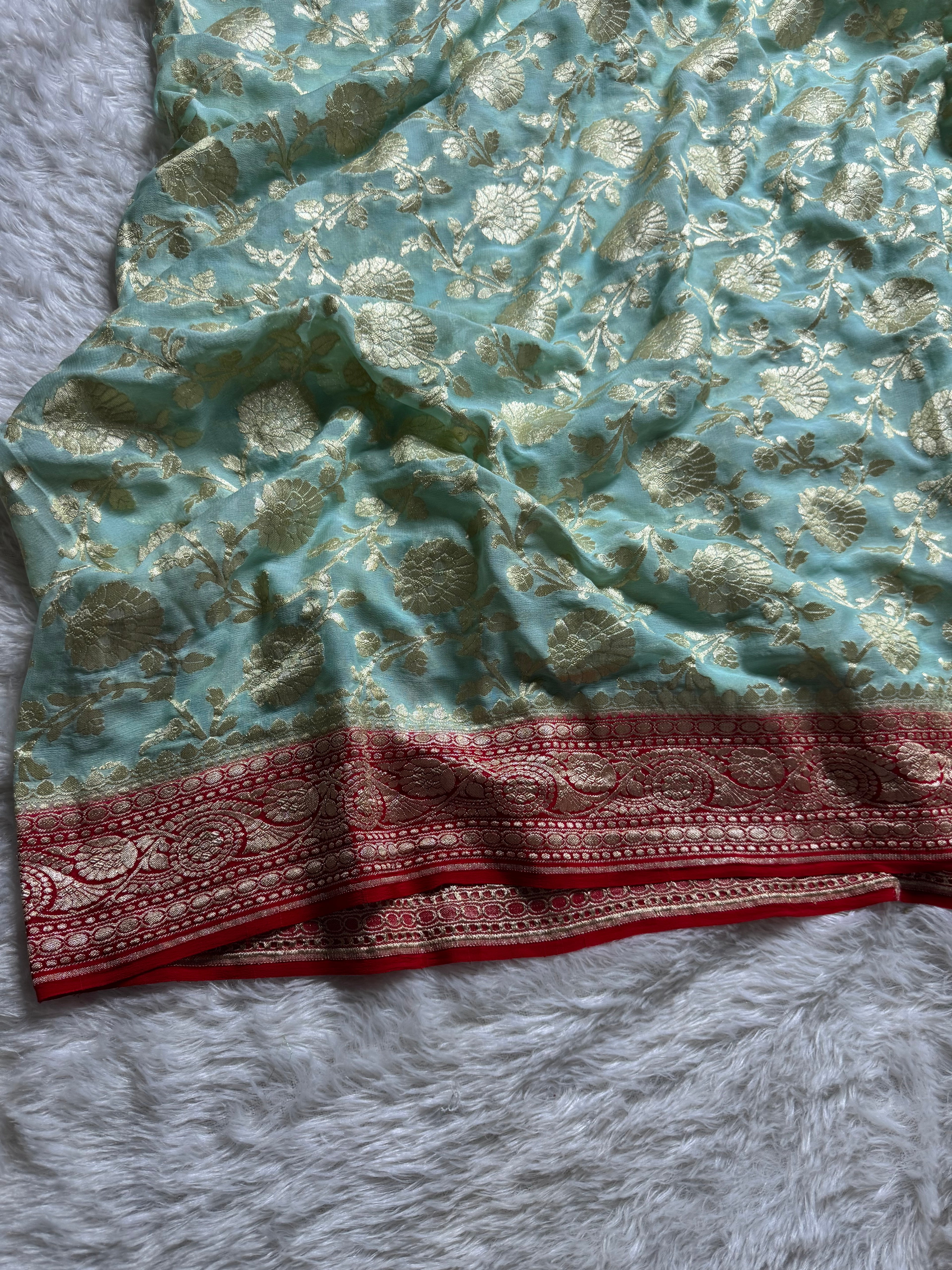 Pastels & Red Pure Khaddi Georgette Silk Banarasi Saree