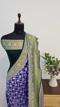 Royal Blue & Bottle Green Pure Khaddi Georgette Silk Banarasi Saree