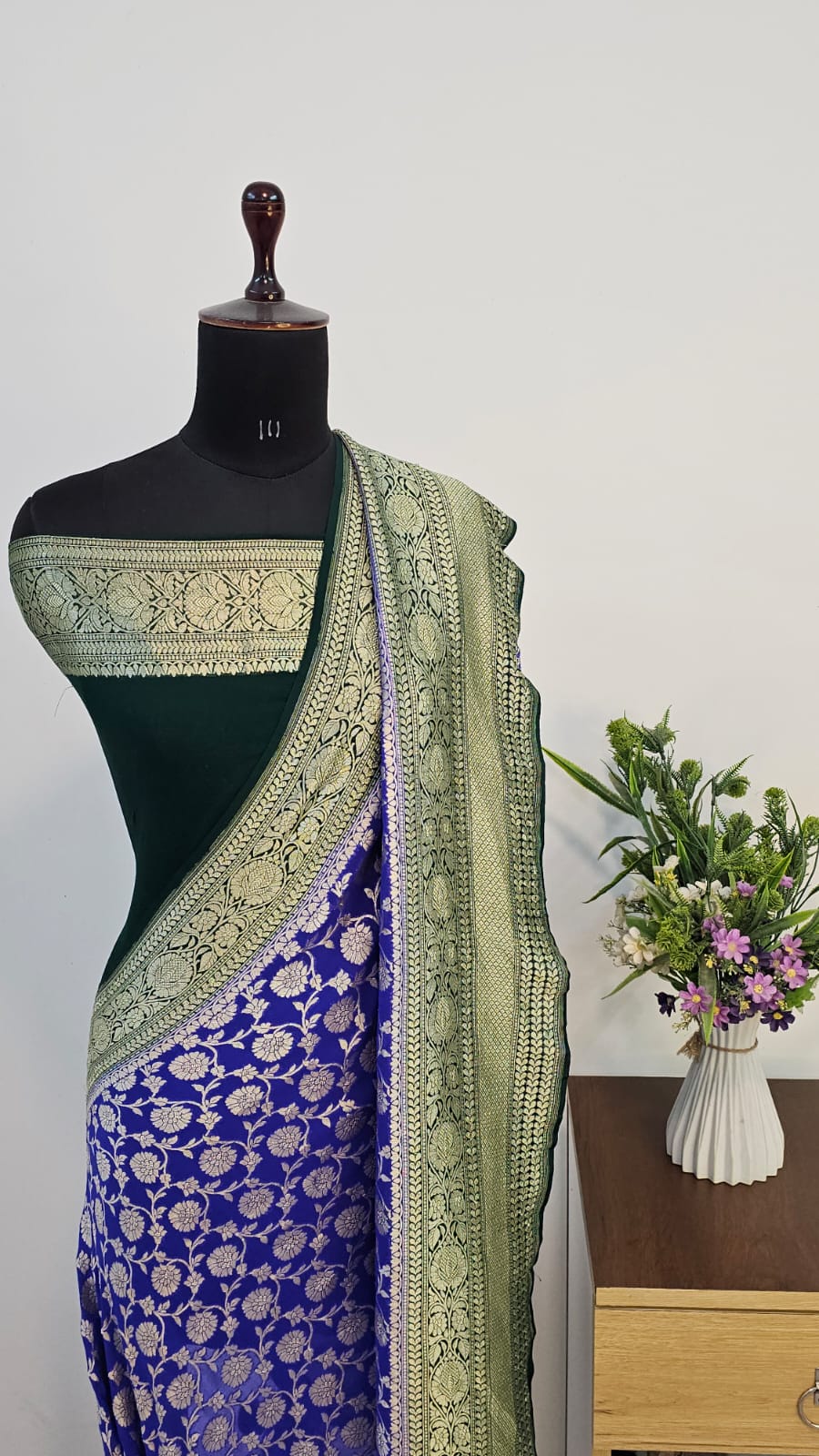 Royal Blue & Bottle Green Pure Khaddi Georgette Silk Banarasi Saree