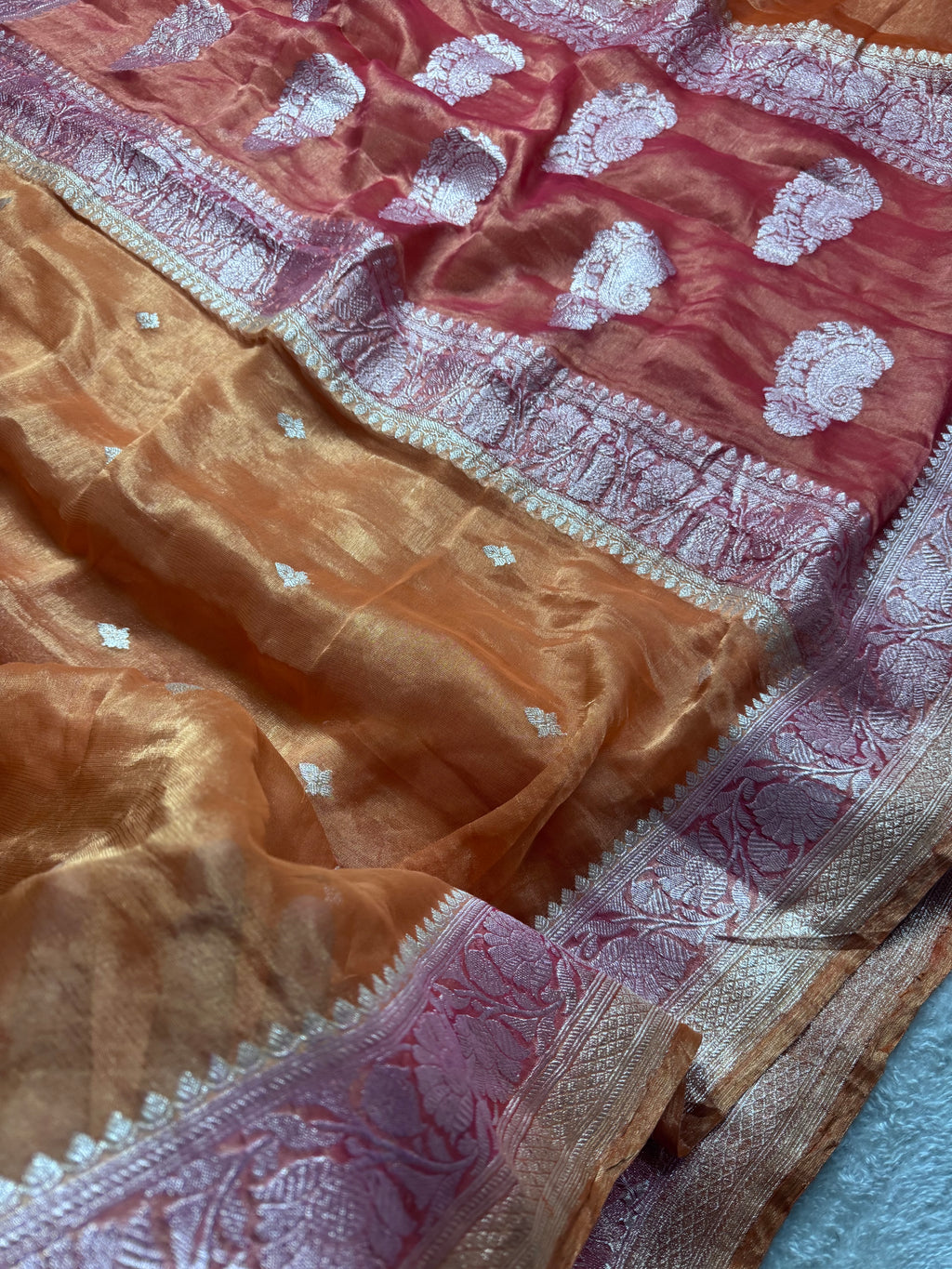 Pure khaddi Tissue Chiffon Silk Banarasi Border Booti 3d Saree