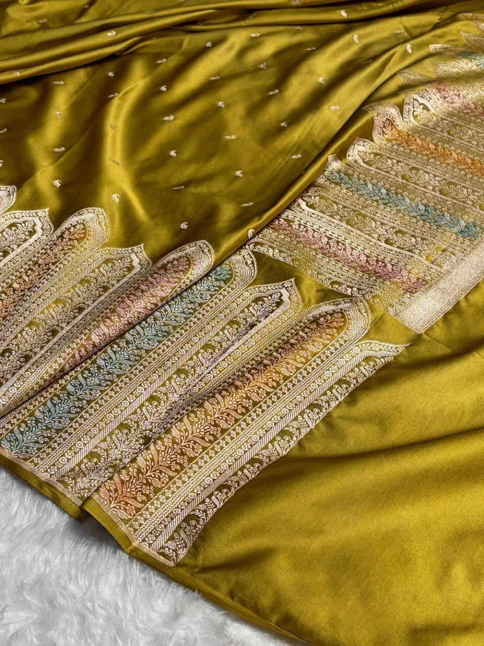 Mustard Green Meenakri Mashru Katan Silk Banarasi Saree
