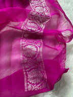 Teal Blue & Rani Pink Pure Khaddi Chiffon Silk Banarasi Saree