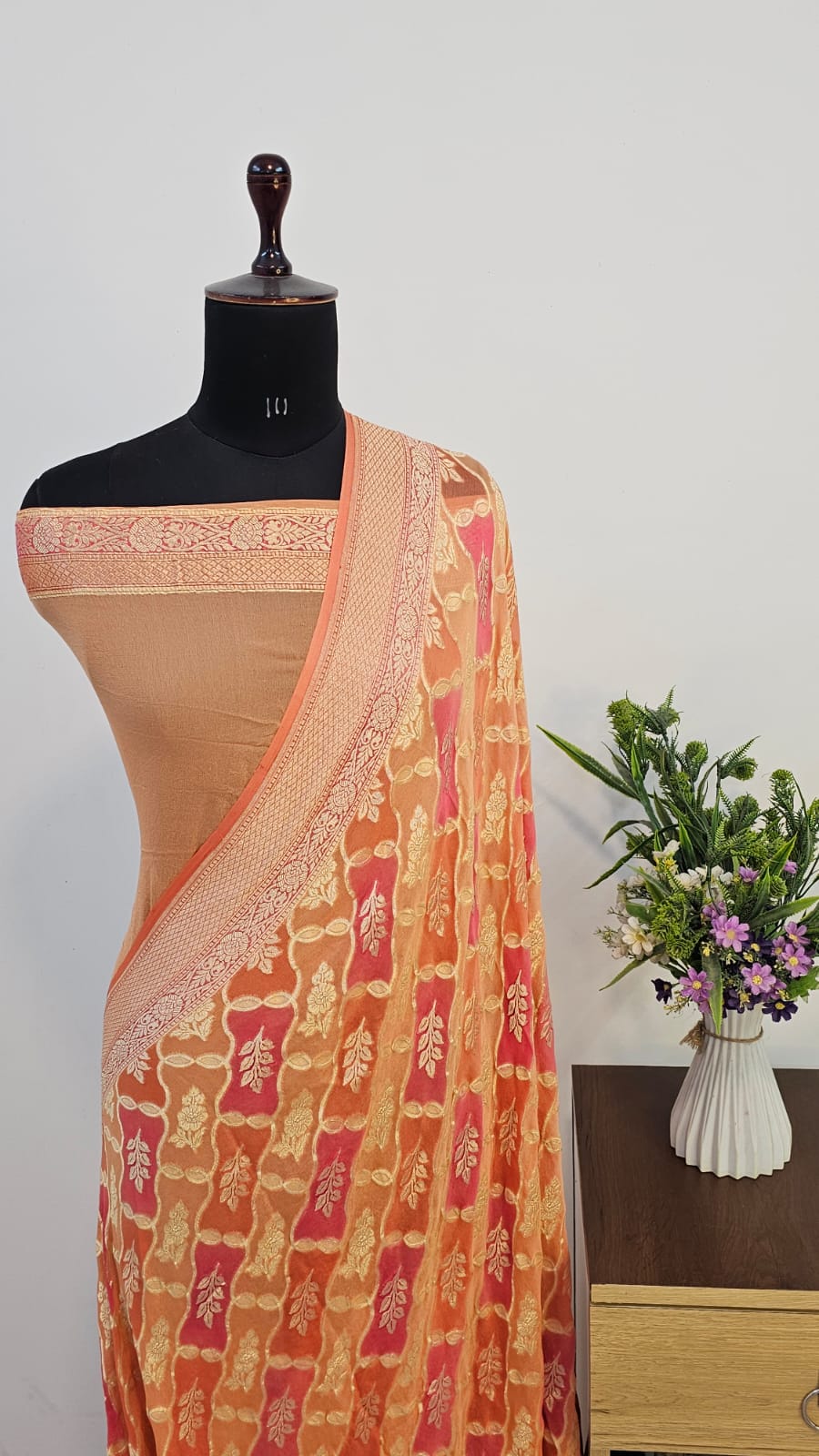 Peach Rangkat Pure Khaddi Georgette Silk Banarasi Saree