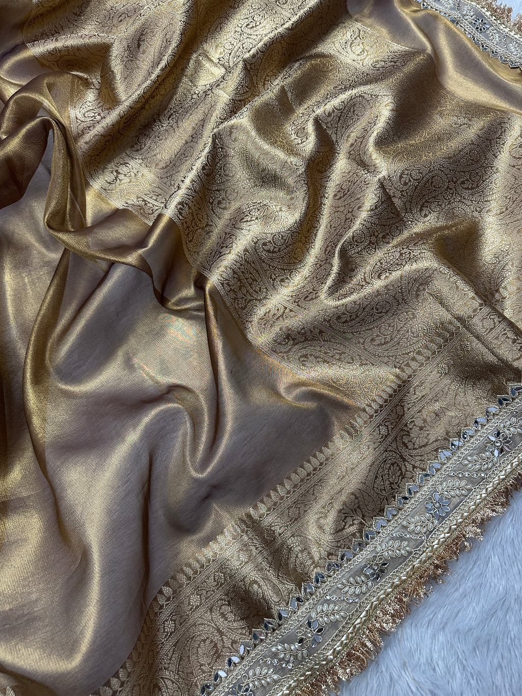 Champagne Gold Beautiful Mirror Lace Border Tissue Silk Banarasi Saree