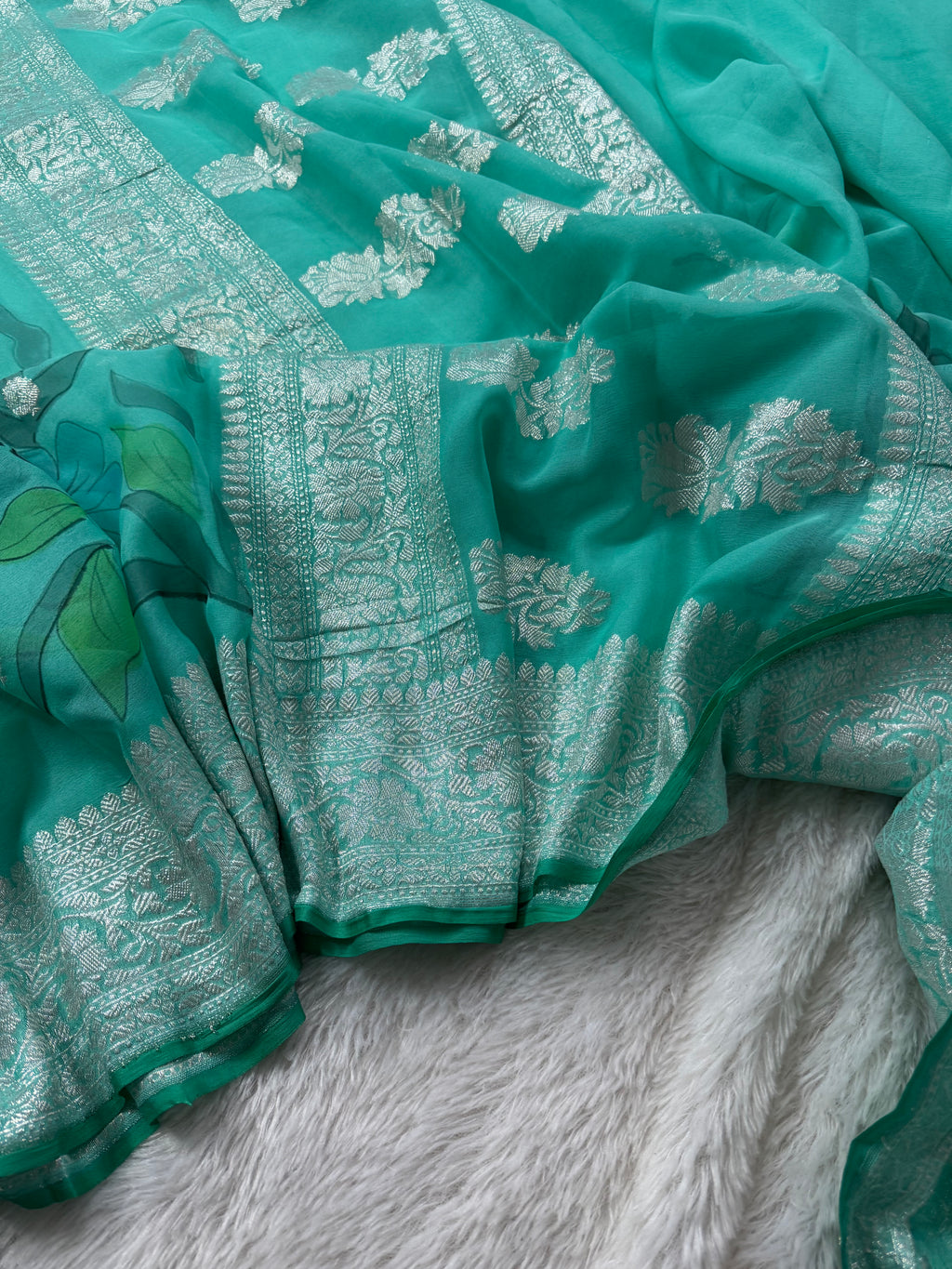 Sea Green Handbrush Pure Khaddi Chiffon Silk Banarasi Saree