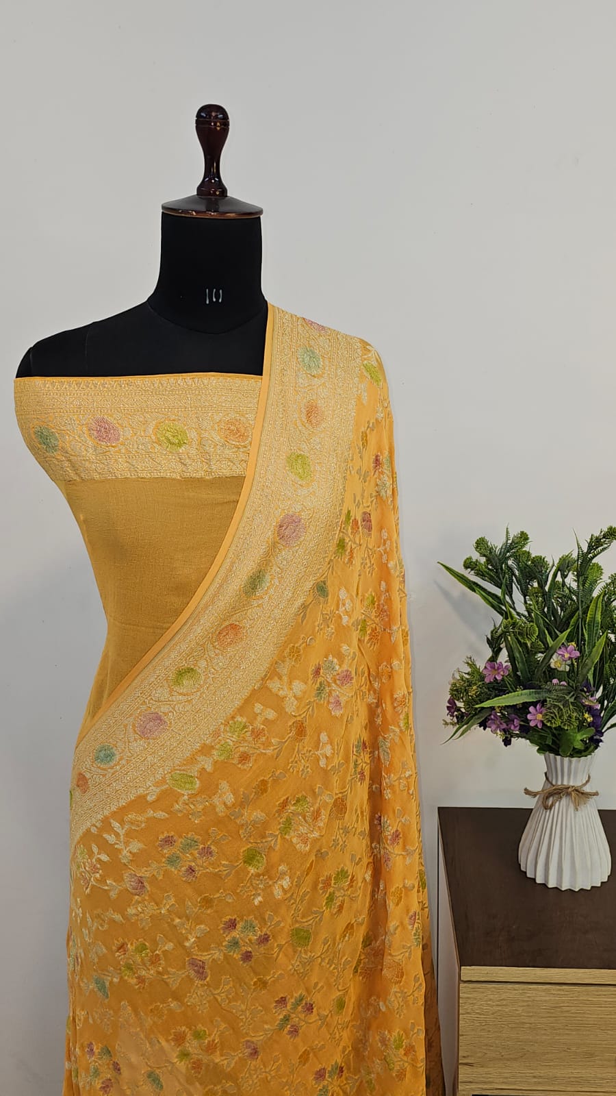 Mango Yellow Handbrush Meenakari Pure Khaddi Georgette Silk Banarasi Saree
