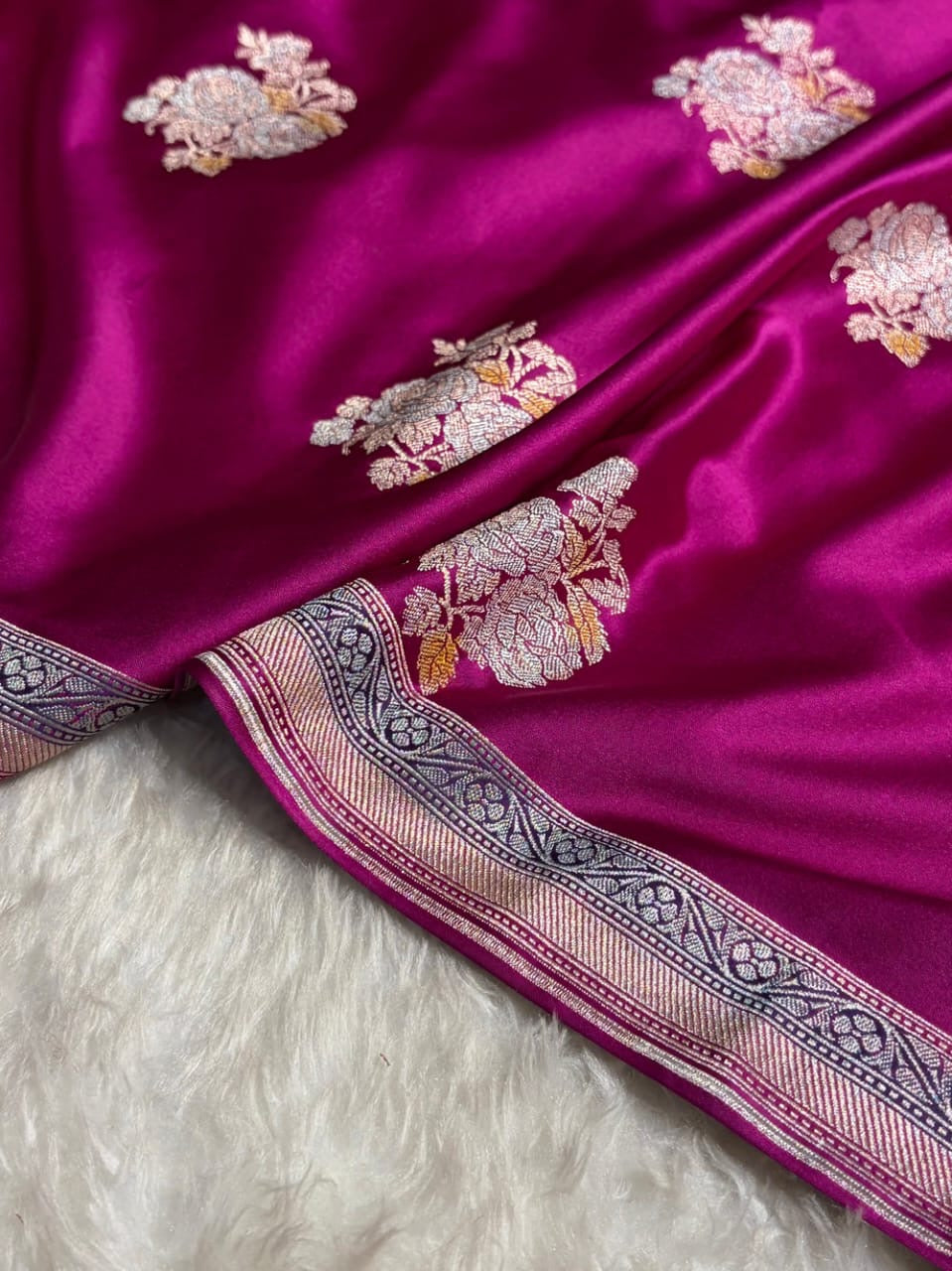 Magenta Meenakari Mashru Katan Silk Banarasi Saree