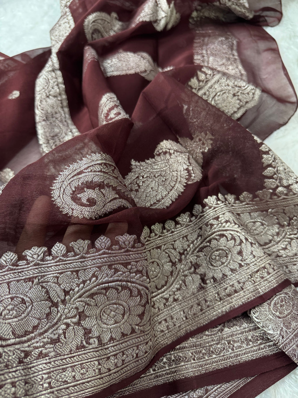 Dark Brown Pure Khaddi Chiffon Silk Banarasi Saree