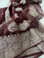Dark Brown Pure Khaddi Chiffon Silk Banarasi Saree