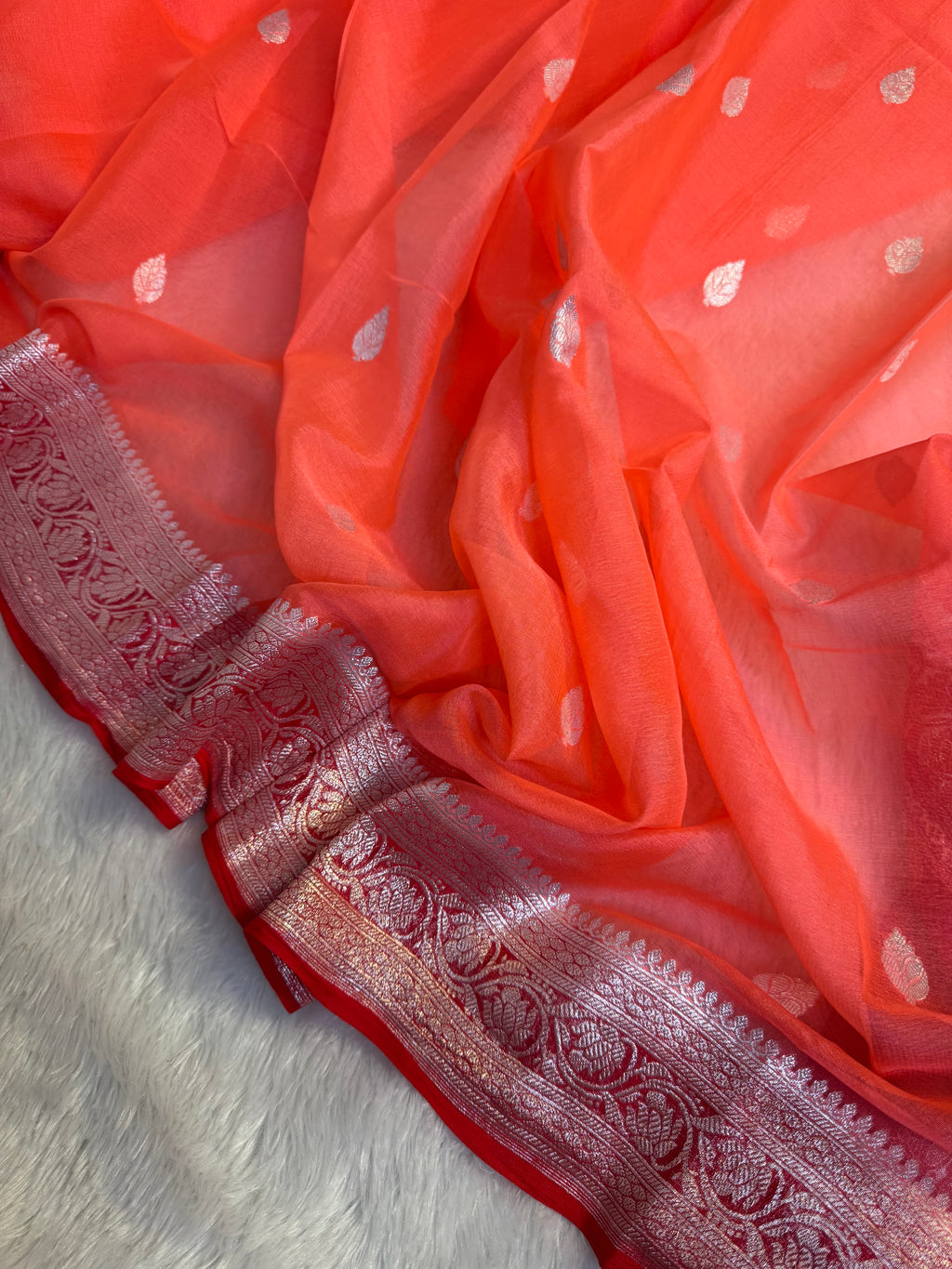 Bright Peach & Red Pure Khaddi Chiffon Silk Banarasi Saree