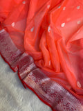 Bright Peach & Red Pure Khaddi Chiffon Silk Banarasi Saree