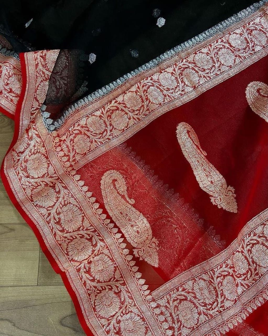 Red & Black Pure khaddi Chiffon Silk Banarasi Saree