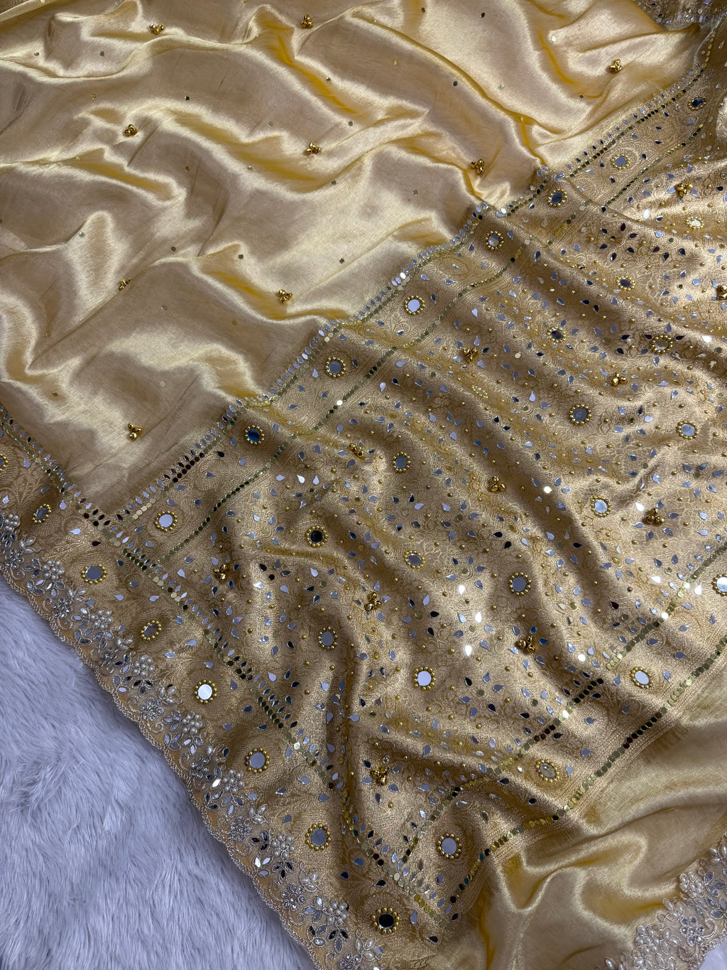 Yellow Tissue Silk Saree With Ghungroo & Mirror Work Designer Border Lace Saree