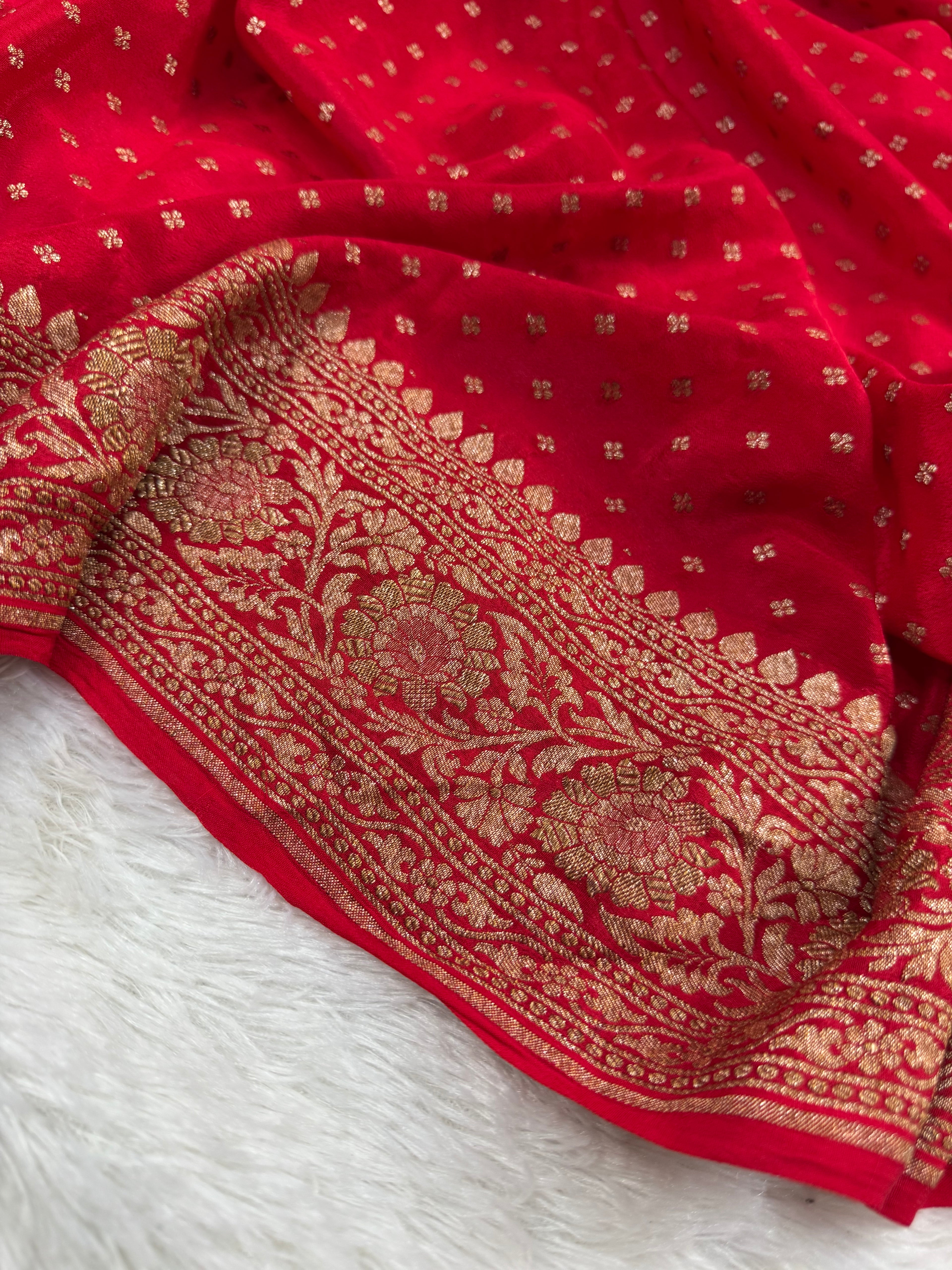 Red Pure Khaddi Crep Silk Banarasi Saree