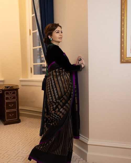 Black Nita Ambani Inspired Pure Katan Silk Banarasi Stripe Handwoven Saree