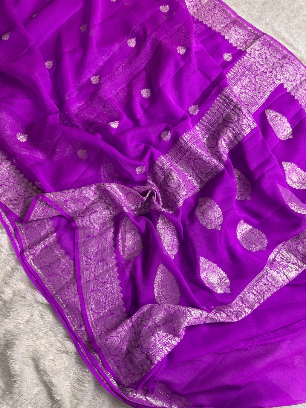 Bright Magenta Pure Khaddi Chiffon Silk Banarasi Saree