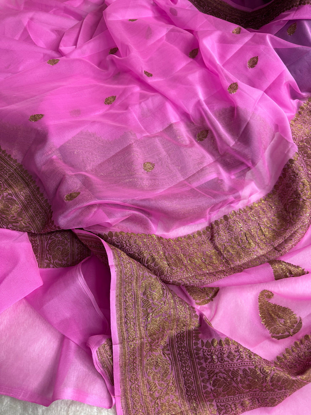 Baby Pink Pure khaddi Chiffon Silk Banarasi Border Booti Saree