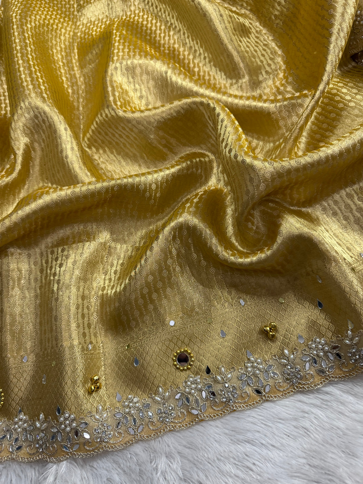 Yellow Tissue Silk Saree With Ghungroo & Mirror Work Designer Border Lace Saree