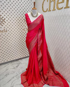 Bright Pink Pure Khaddi Crep Silk Banarasi Saree