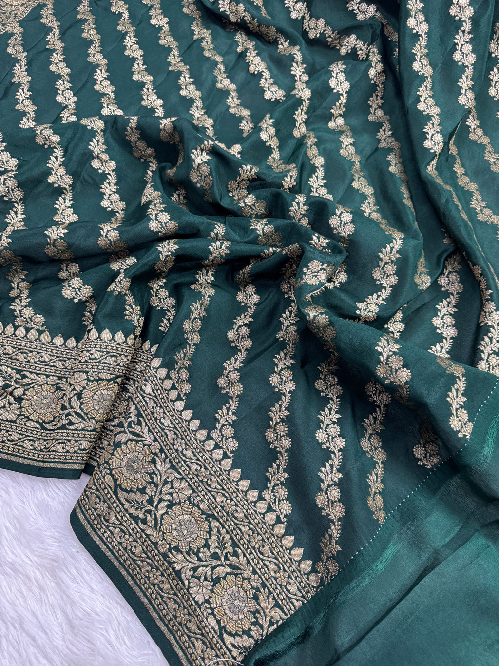 Green & Royal Blue Pure Khaddi Crep Silk Banarasi Saree