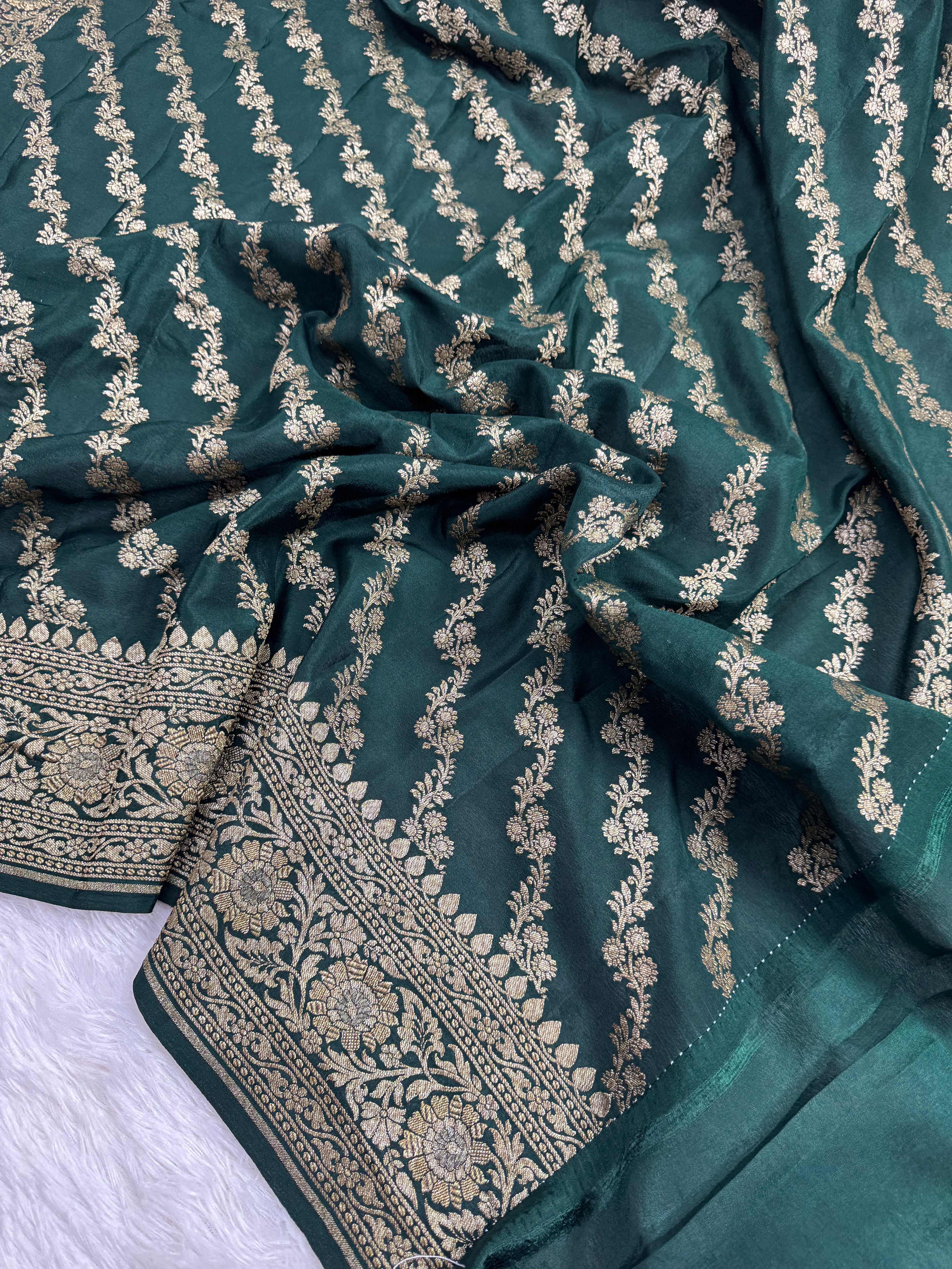 Green & Royal Blue Pure Khaddi Crep Silk Banarasi Saree