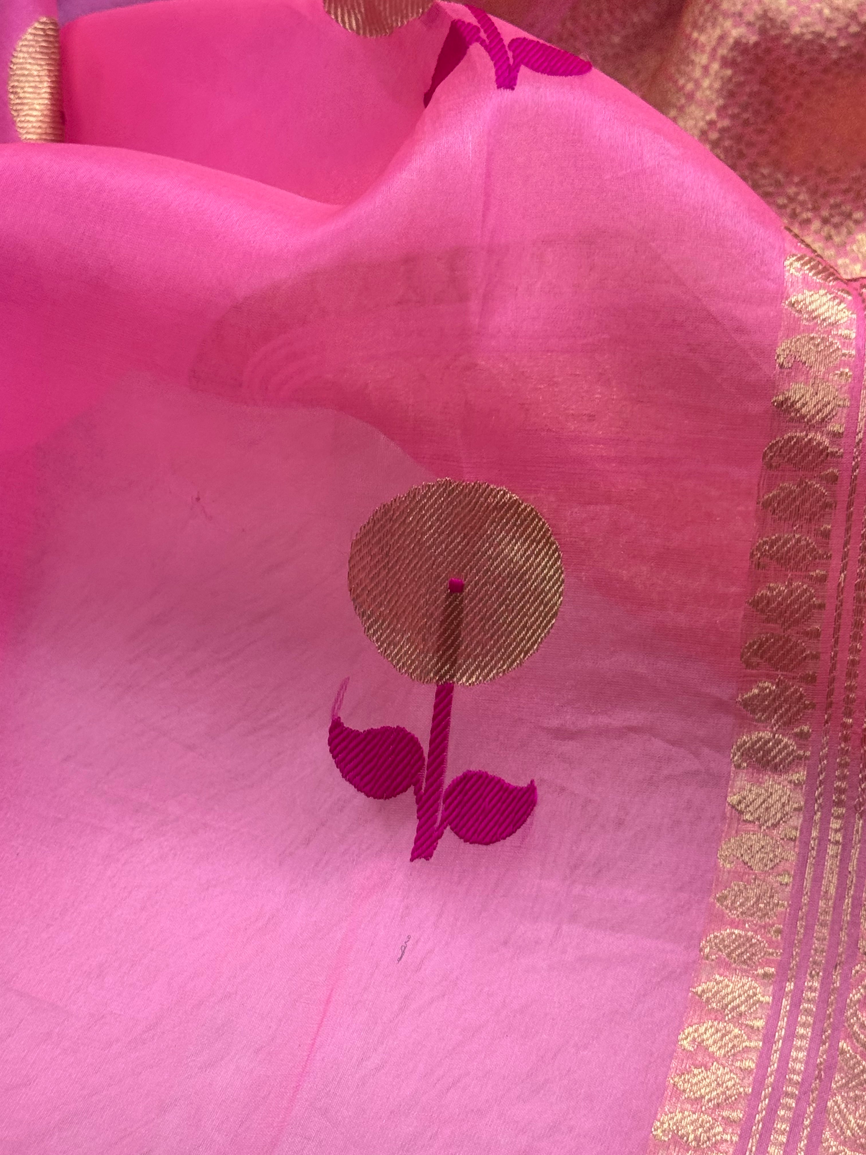 Pink Pure Kora Organza Silk Banarasi Saree