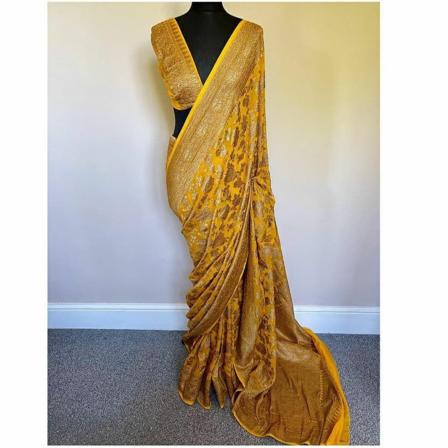 Mustard Yellow Pure Khaddi Georgette Silk Banarasi Saree