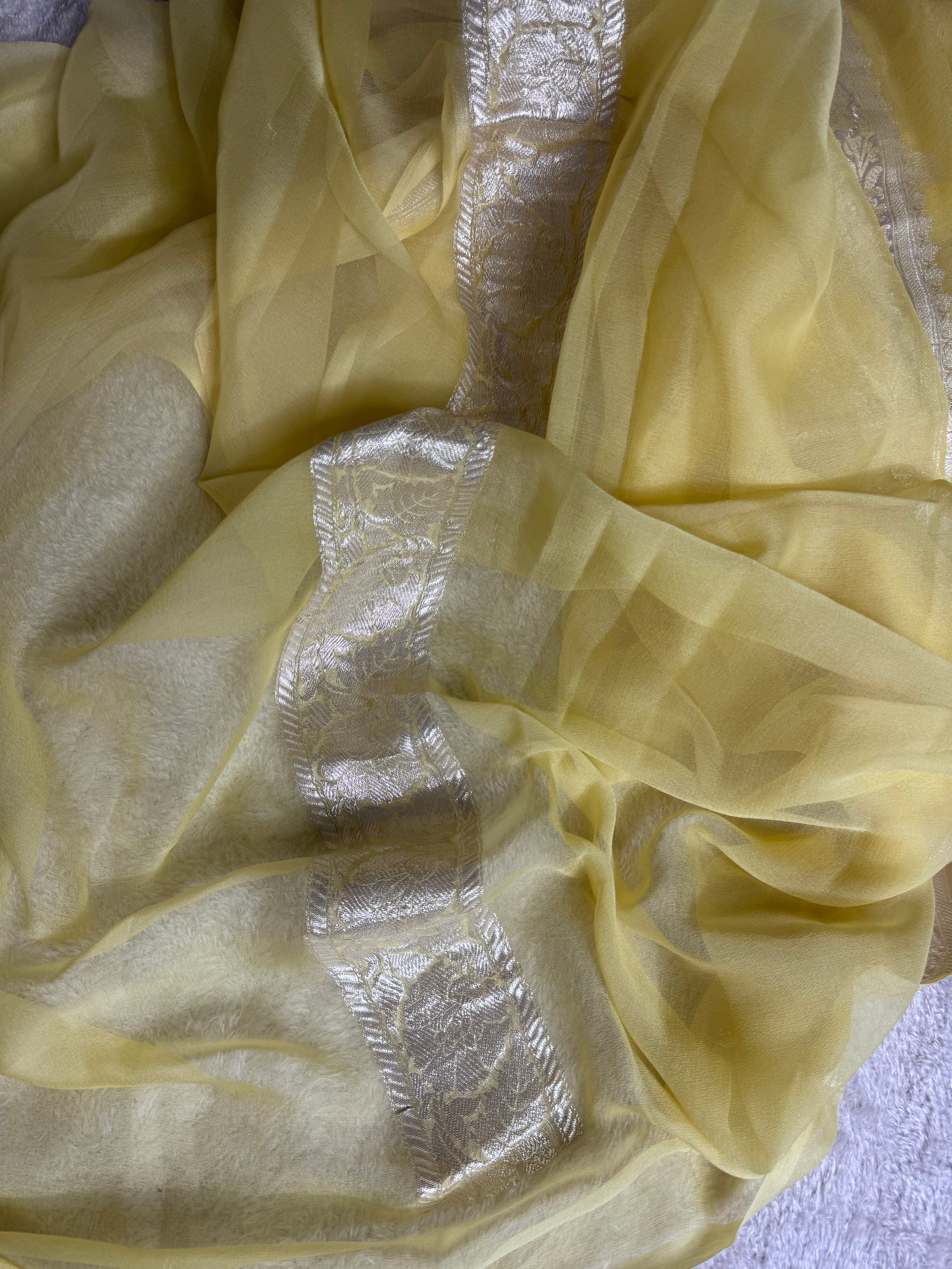 Light Yellow Pure Khaddi Chiffon Silk Banarasi Saree