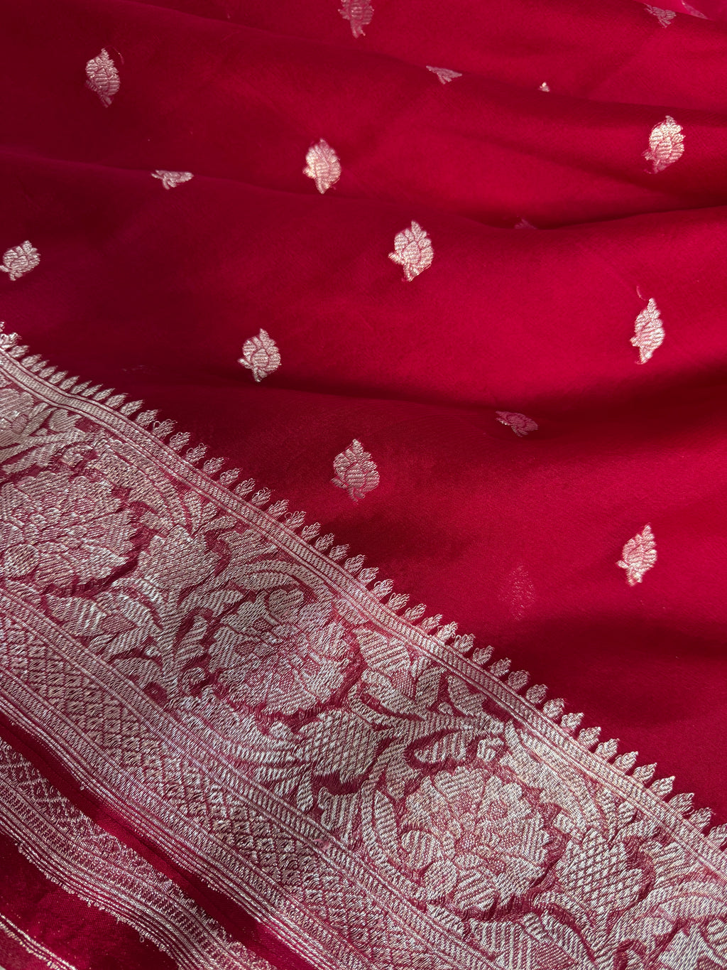 Red Rani Pure Khaddi Chiffon Silk Banarasi Half & Half Saree