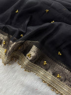 Black Tissue Silk Saree With Golden Ghungroo Butti Work & Luxury Lace Border