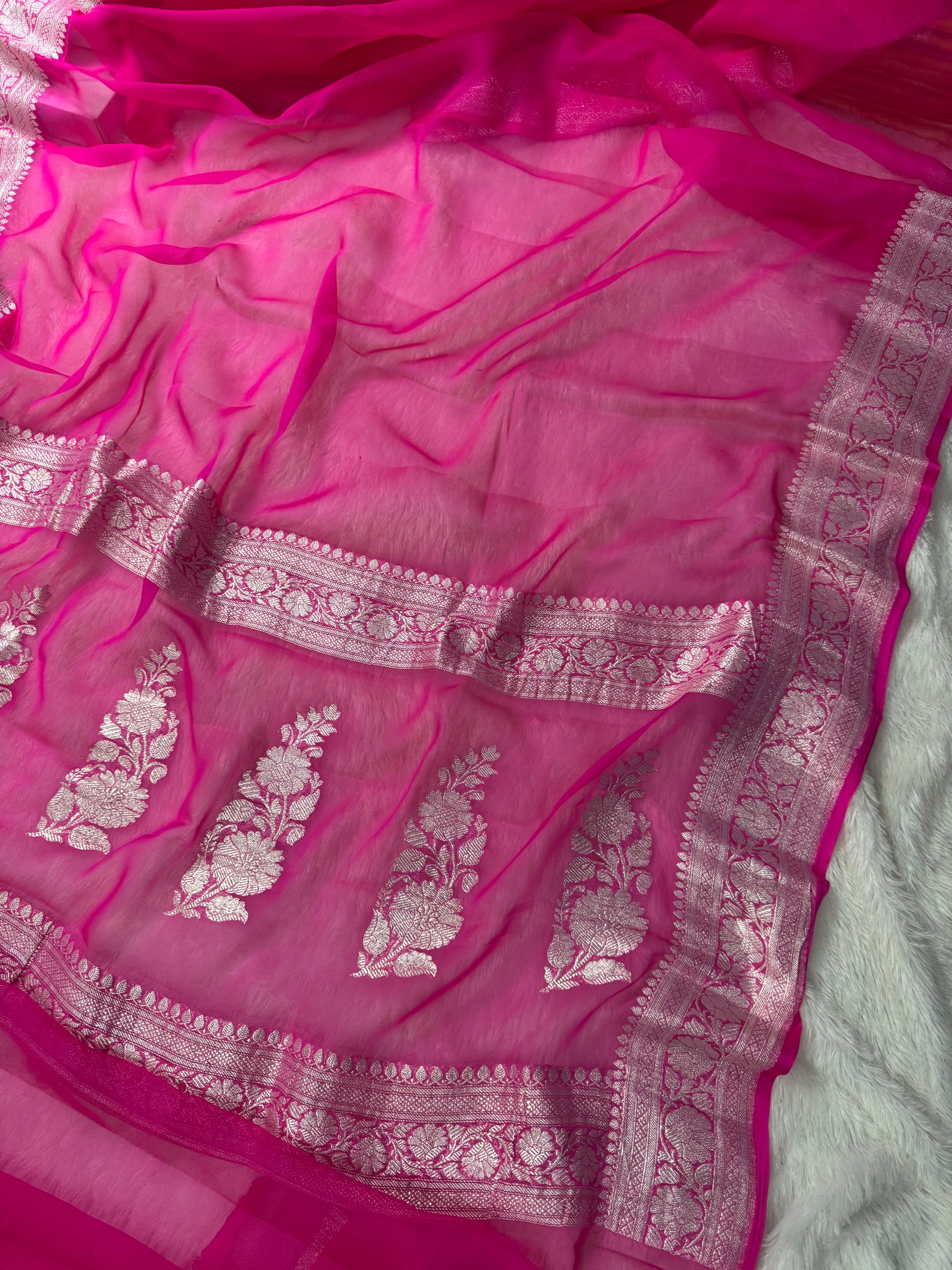 Hot Pink Pure Khaddi Chiffon Silk Banarasi Saree