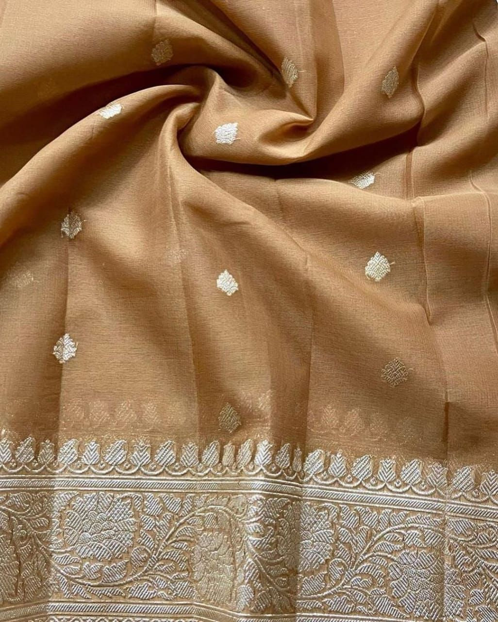Camel Brown Pure Khaddi Chiffon Silk Banarasi Saree