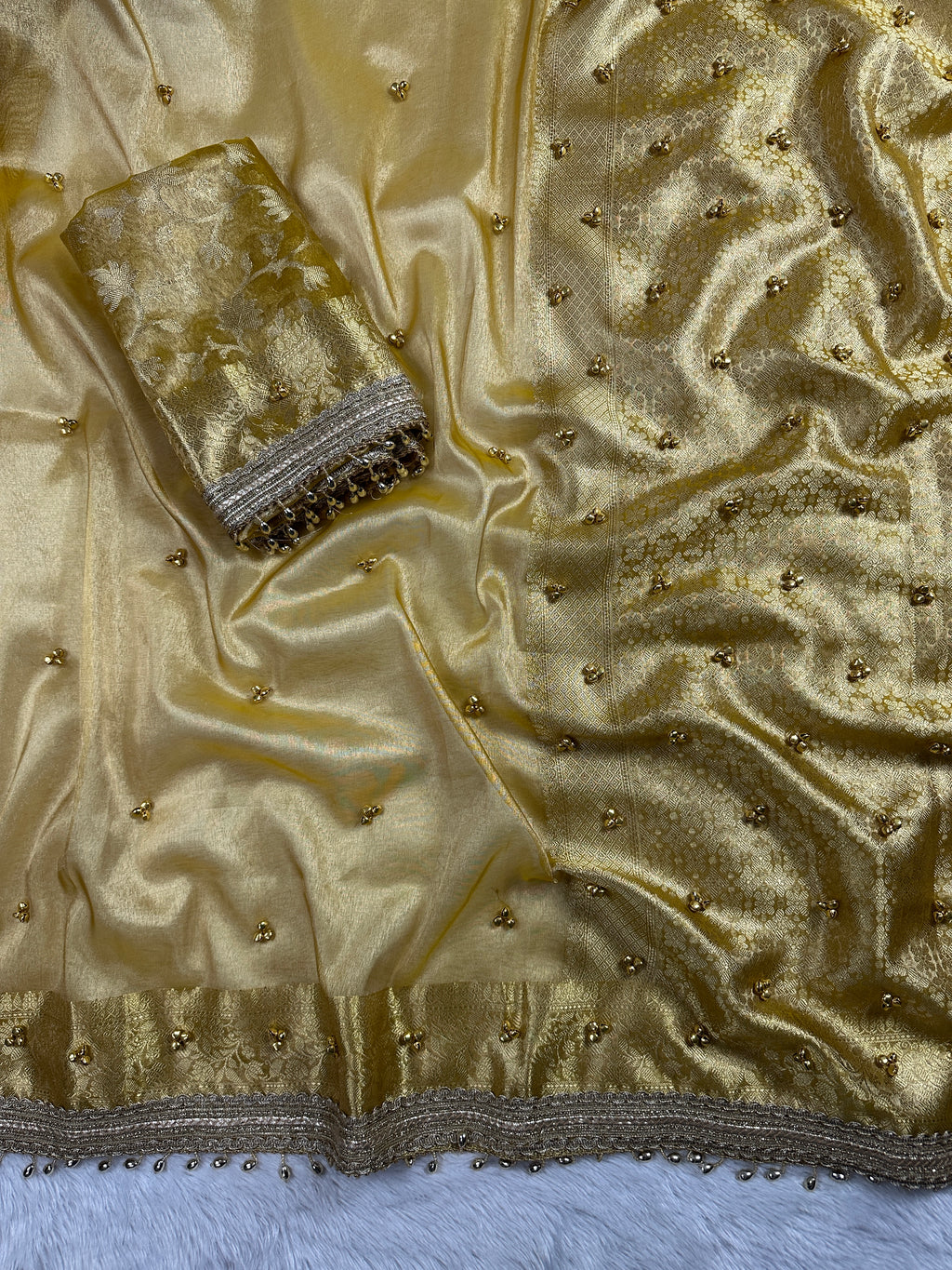 Yellow Tissue Silk Saree With Golden Ghungroo Butti Work & Luxury Lace Border
