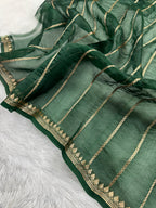Bottle Green & White Pure Kora Organza Silk Banarasi Saree
