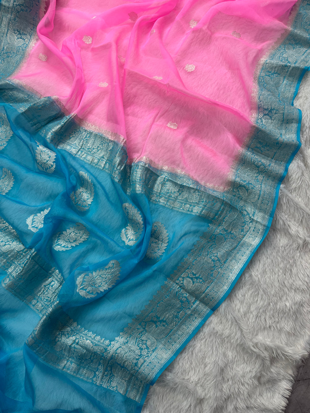 Pink & Firozi Pure Khaddi Chiffon Silk Banarasi Saree