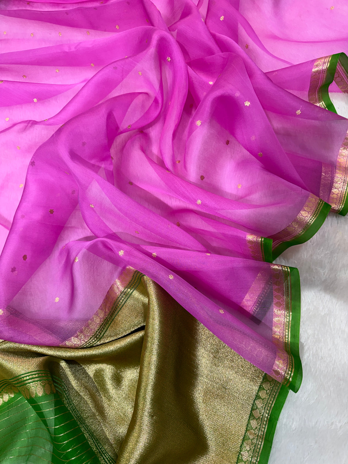 Magenta Pink & Green Pure Kora Organza Silk Banarasi Saree