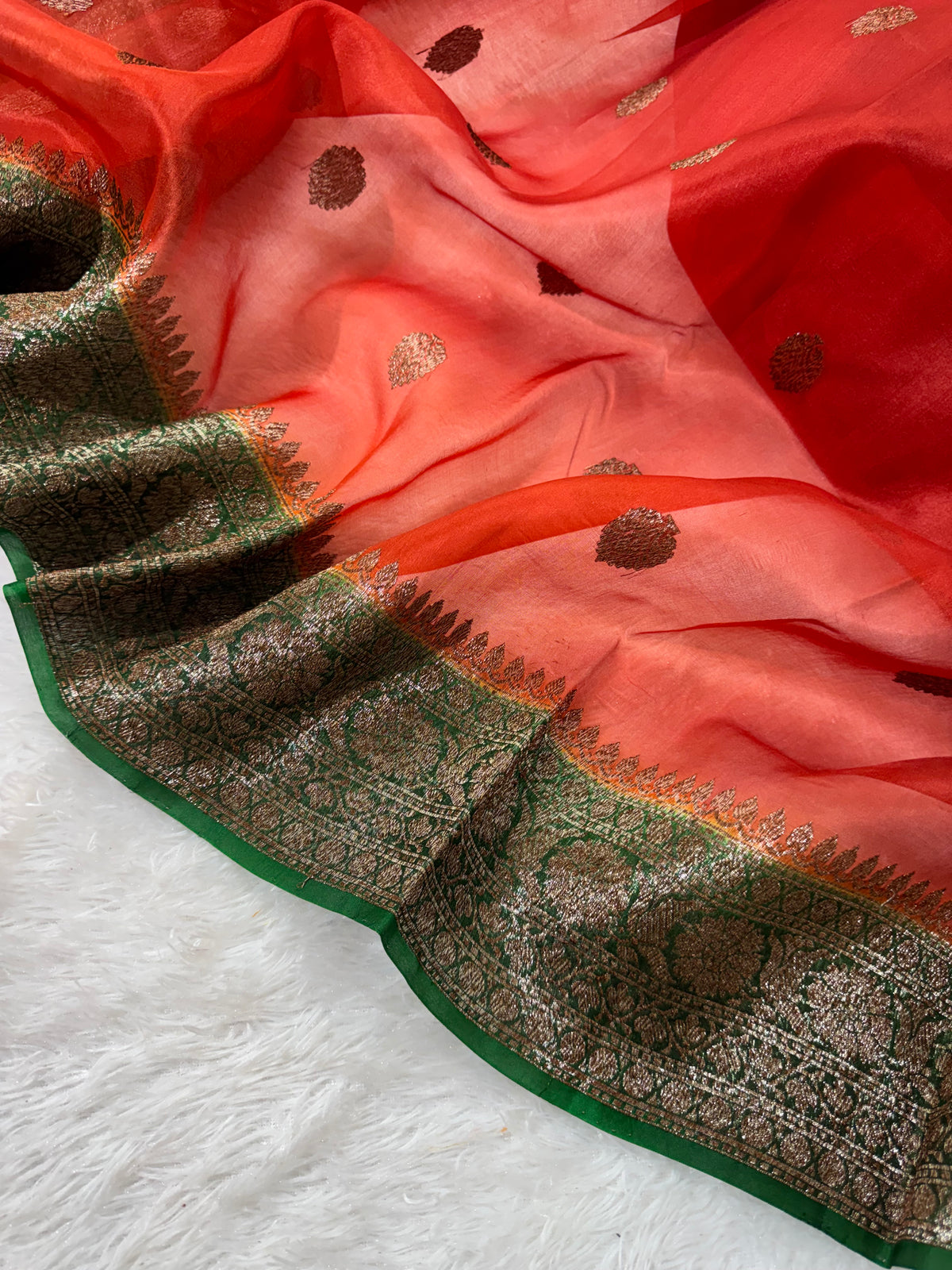 Orange & Bottle Green Pure Kora Organza Silk Banarasi Saree