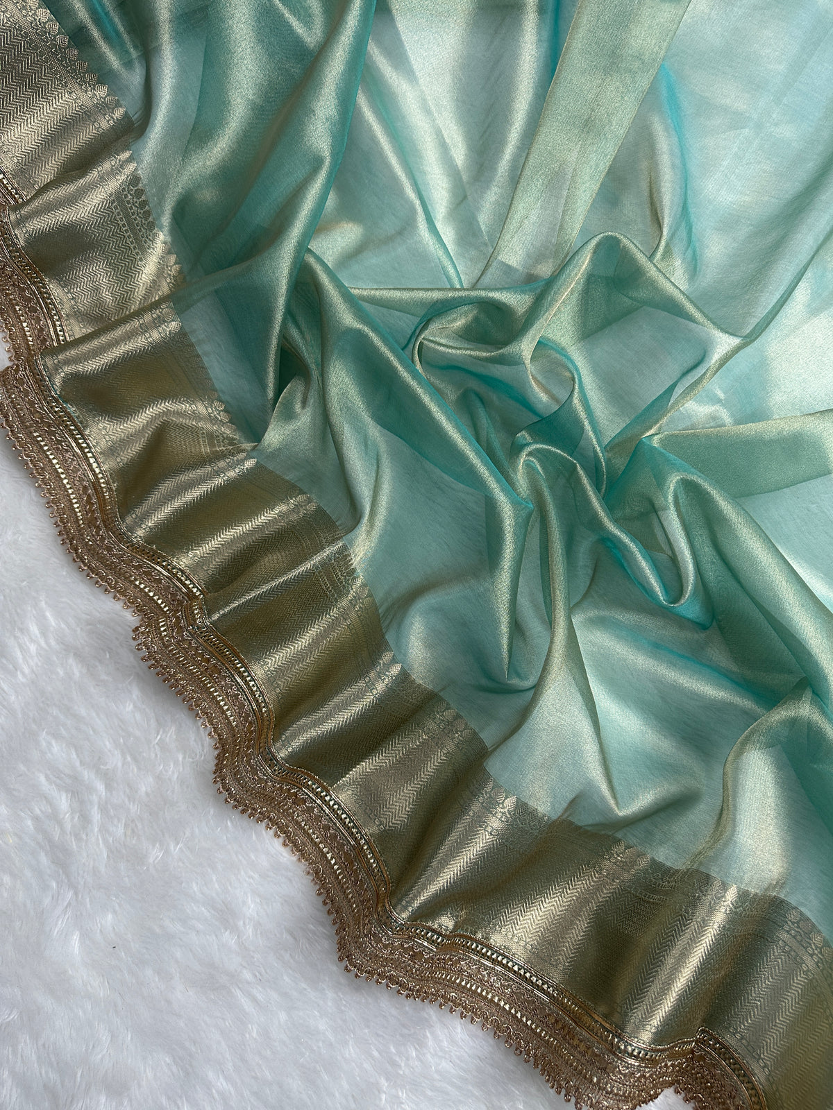 Soft Sea Green Beautiful Lace Border Tissue Silk Banarasi Saree