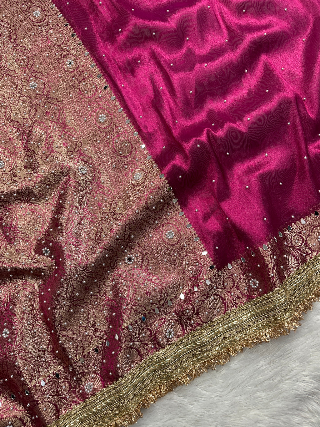 Wine Magenta Tissue Silk Saree With Mirror Work & Designer Lace Border