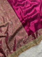 Wine Magenta Tissue Silk Saree With Mirror Work & Designer Lace Border