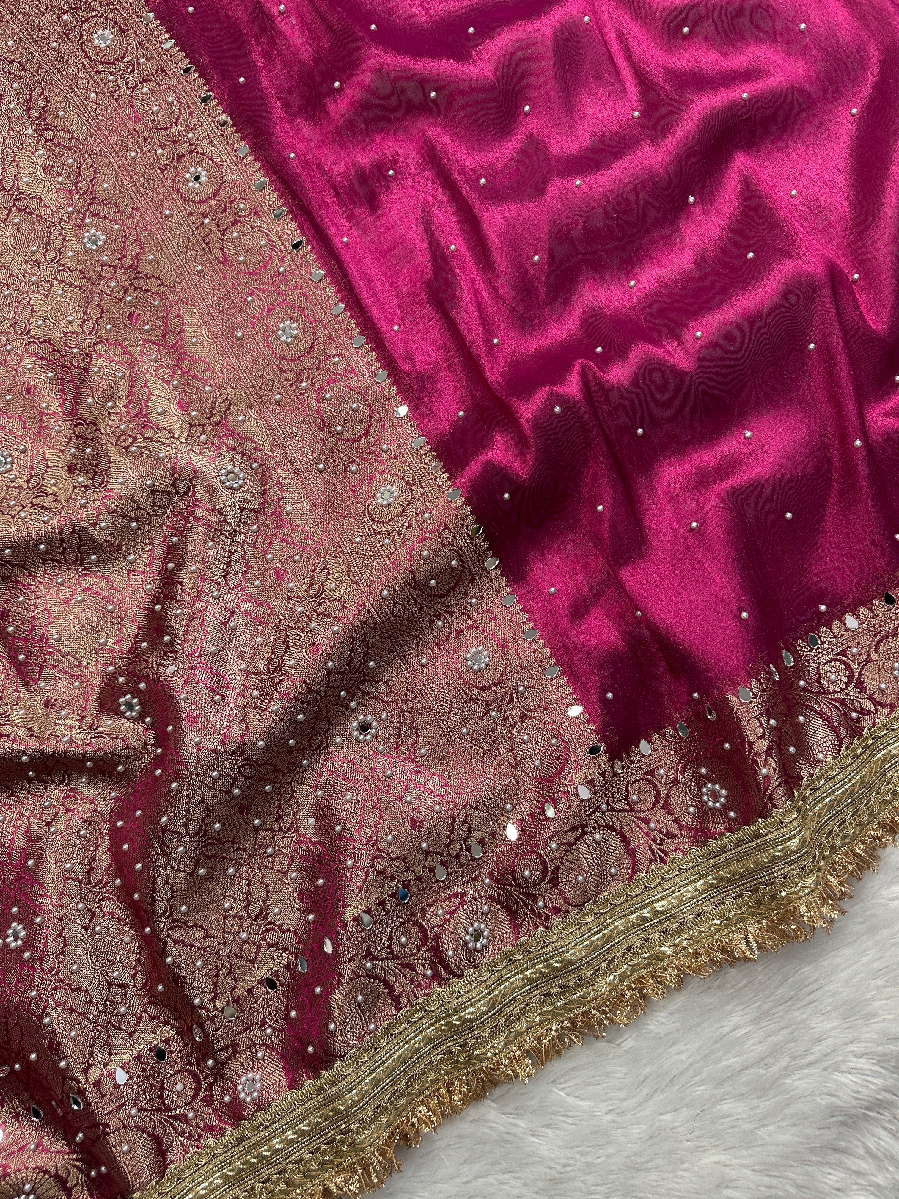 Wine Magenta Tissue Silk Saree With Mirror Work & Designer Lace Border