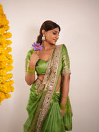 Lime Green Banarasi Rajkumari Mirror Work Tissue Silk Saree