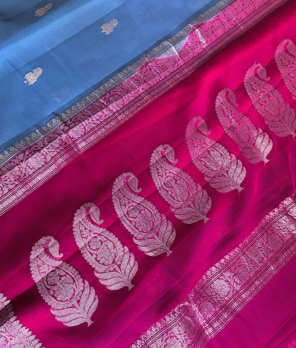 Sky blue & Rani Pink Pure Khaddi Chiffon Silk Banarasi Saree
