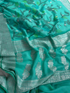 Sea Green Handbrush Pure Khaddi Chiffon Silk Banarasi Saree