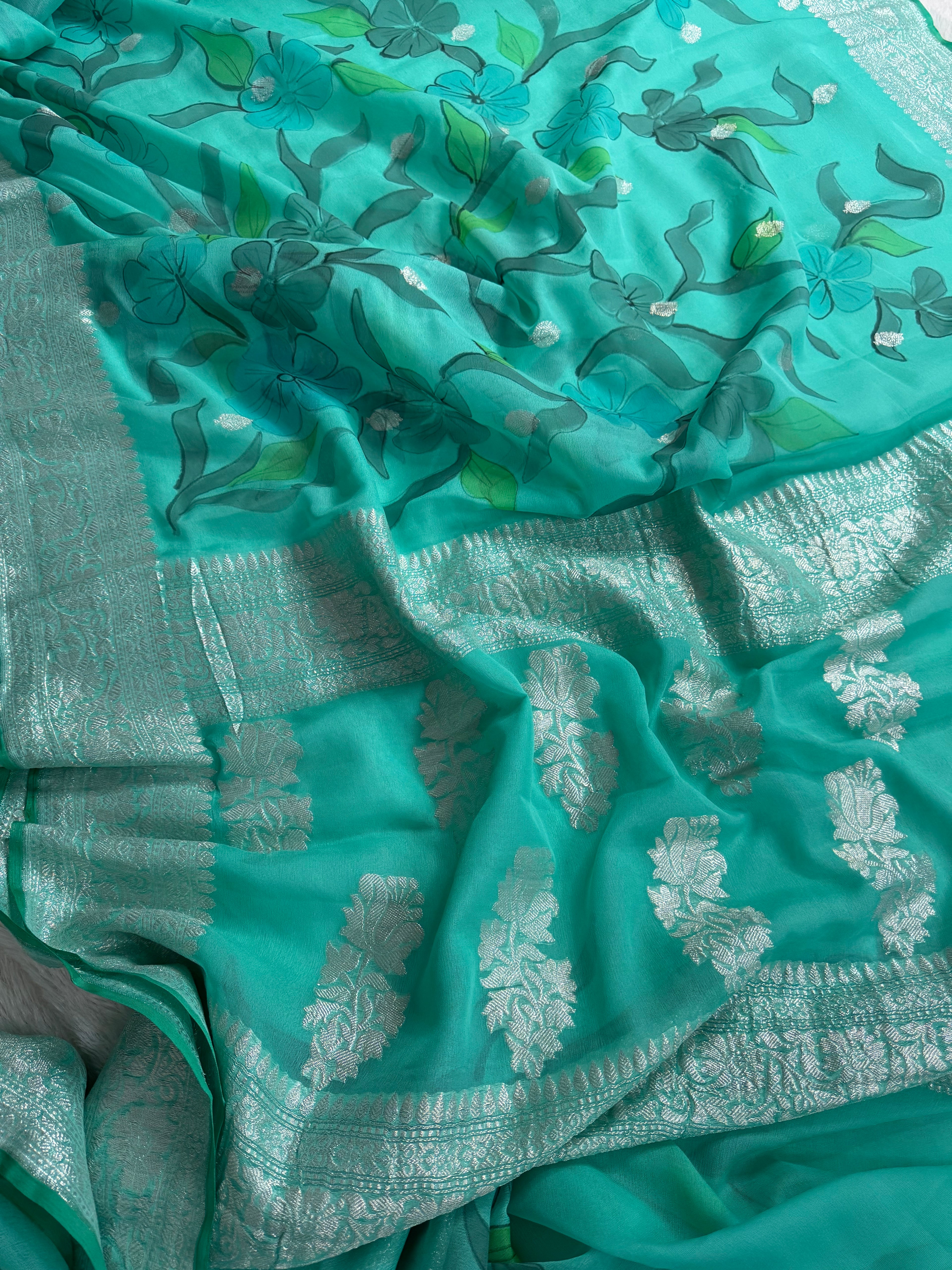 Sea Green Handbrush Pure Khaddi Chiffon Silk Banarasi Saree