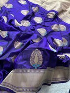 Royal Blue Pure katan Zari Border Aanchal Mina Boota Saree