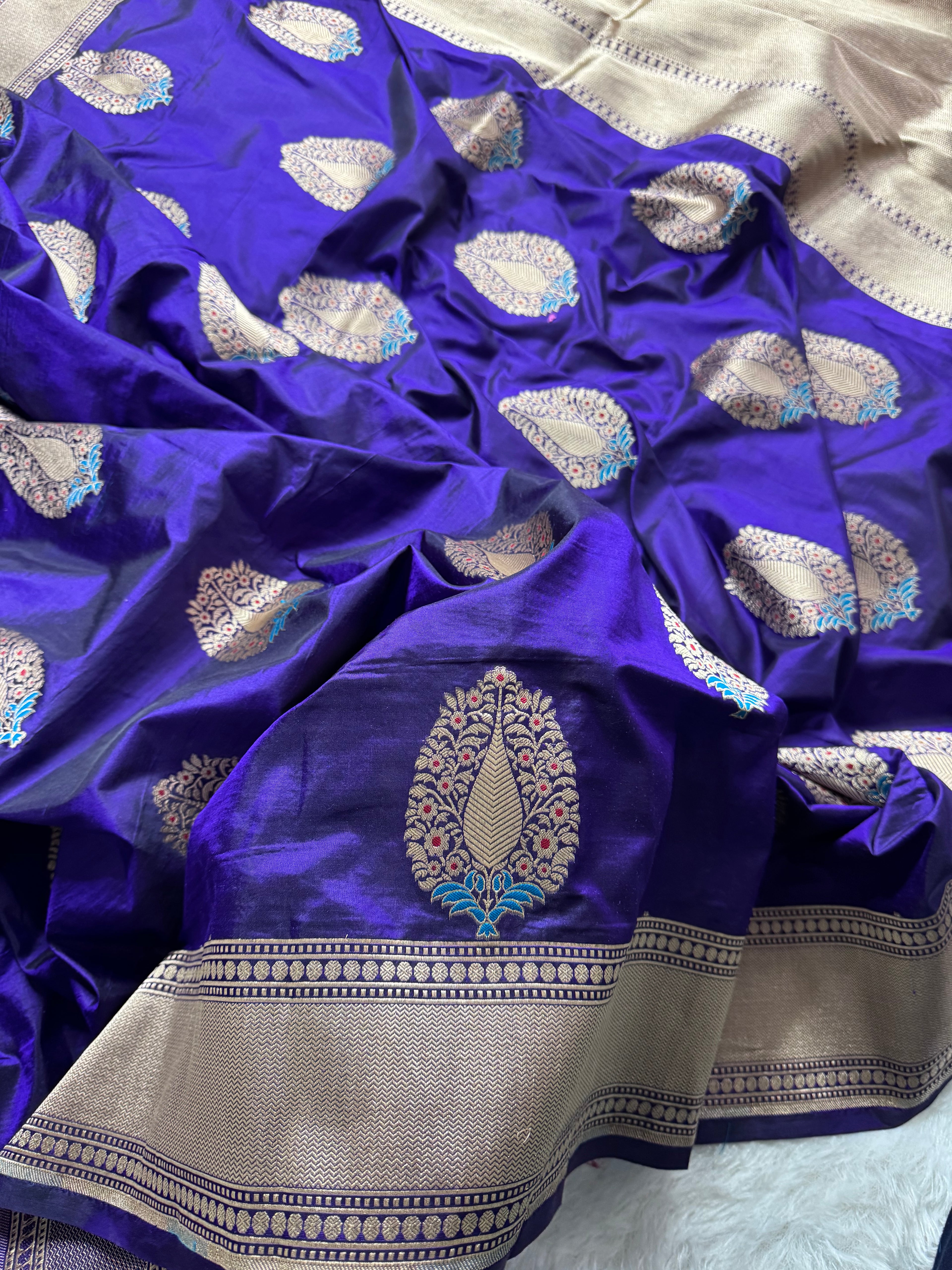 Royal Blue Pure katan Zari Border Aanchal Mina Boota Saree